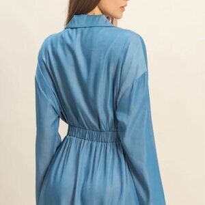 Long Sleeve Gold Button Ruched Waist Chambray Wrap Mini Shirt Dress
